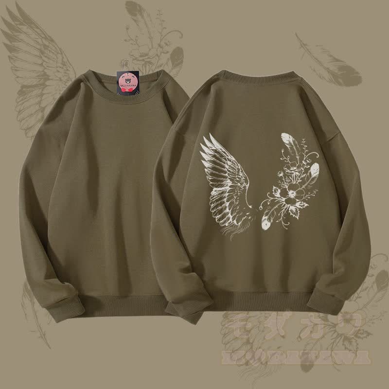MODAKAWA フラワーバードグラフィック ユニセックス スウェットシャツ - ダークカーキ - 5XL - image 3