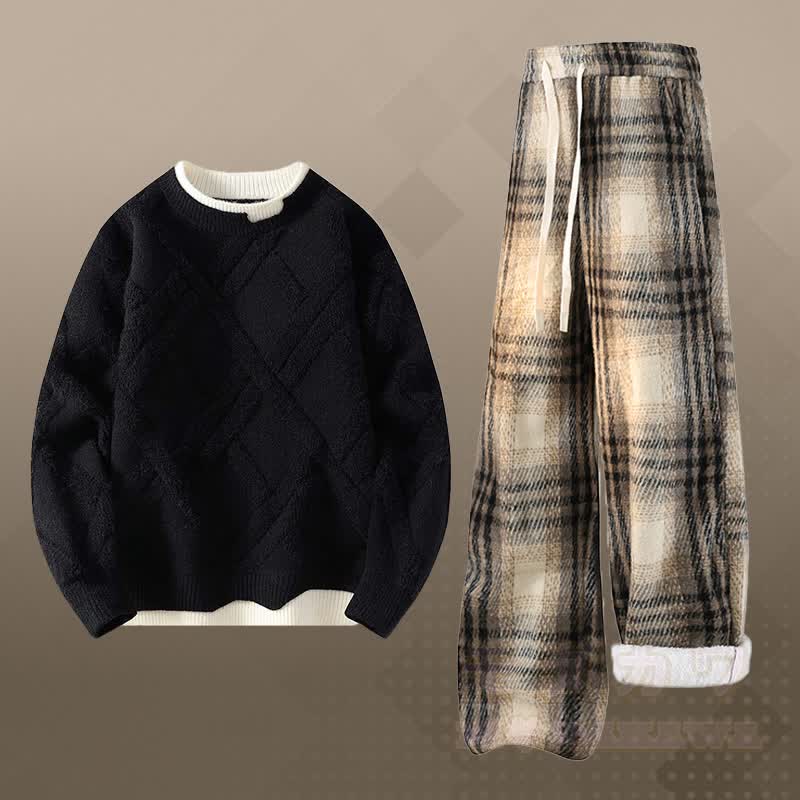 フェイクレイヤードニットセーター チェック柄フリース裏地パンツ ツーピース - セットC - 2XL - image 3