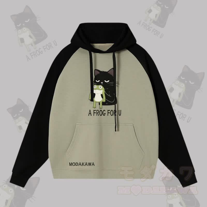A FROG FOR U 黒猫がカエルを抱きしめるグラフィック ストリートウェアカラーブロック パーカー - ブラック＆グリーン - 3XL - image 4