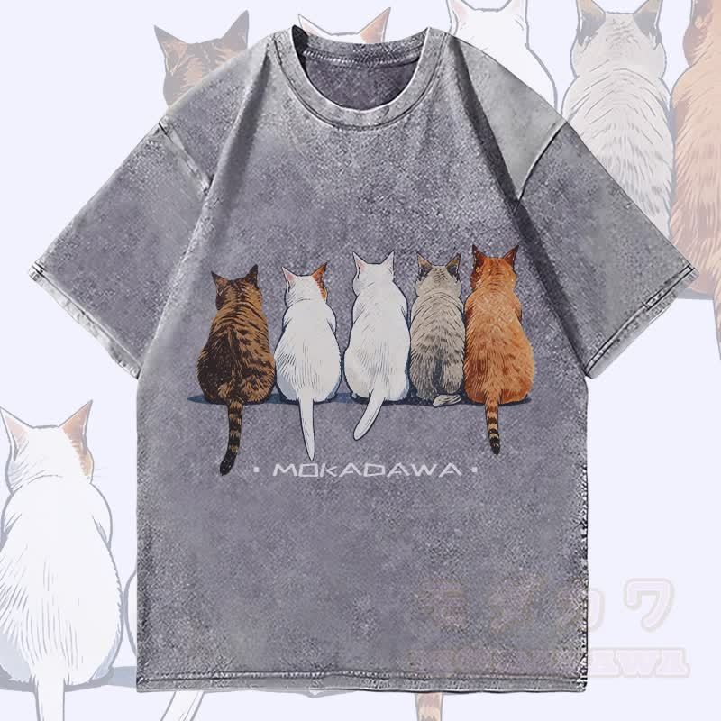 MODAKAWA 猫たちが一緒に座っているグラフィック ユニセックス ヴィンテージ ウォッシュ加工 Tシャツ - グレー - 4XL - image 3