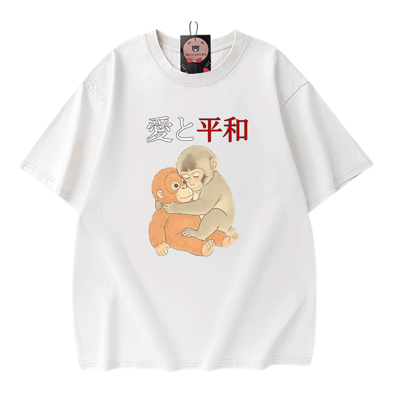 ピース・ラブ・ハグ・パンチ・モンキー・グラフィックModakawaヴィンテージウォッシュ加工綿100% Tシャツ - White - 5XL - image 3