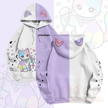 MODAKAWA スターハートキャットグラフィックカラーブロックプルオーバーパーカー - 白と紫 - 6XL - image 4