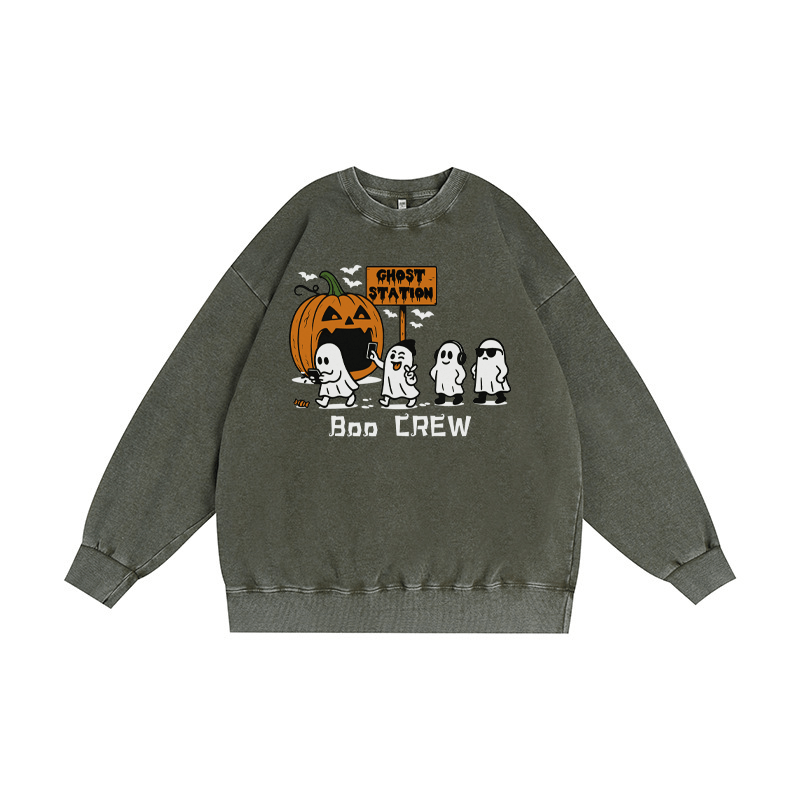BOO CREW ユニセックス ヴィンテージ ウォッシュド スウェットシャツ ゴースト パンプキン ハロウィン グラフィック クルーネック プルオーバー - ダークグリーン - 3XL - image 4