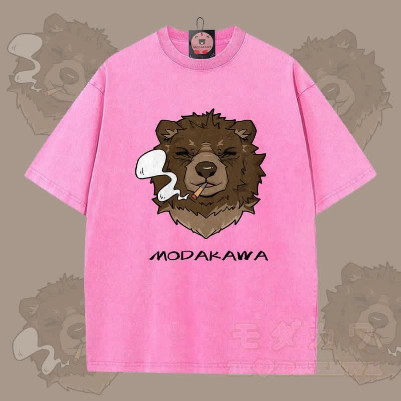 MODAKAWA スモーキングベア グラフィック ユニセックス ヴィンテージウォッシュTシャツ - ローズレッド - 5XL - image 8