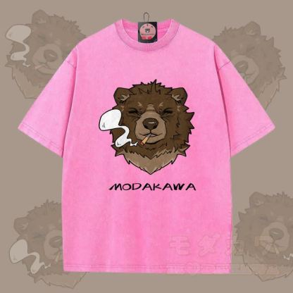 MODAKAWA スモーキングベア グラフィック ユニセックス ヴィンテージウォッシュTシャツ - ローズレッド - 5XL - image 8