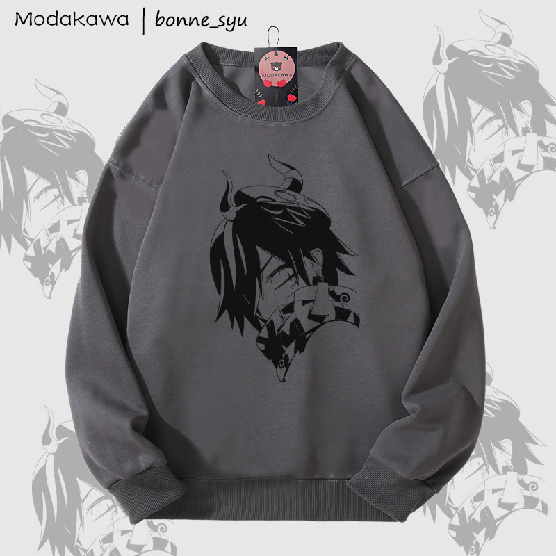 MODAKAWA X bonne_syu 鬼ボーイ グラフィック ユニセックス スウェットシャツ - Dark Grey - 5XL - image 4