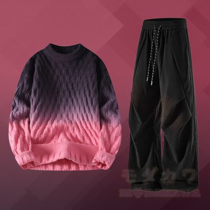 グラデーションニットテクスチャードセーターコーデュロイパンツツーピース - セットC - 3XL - image 3