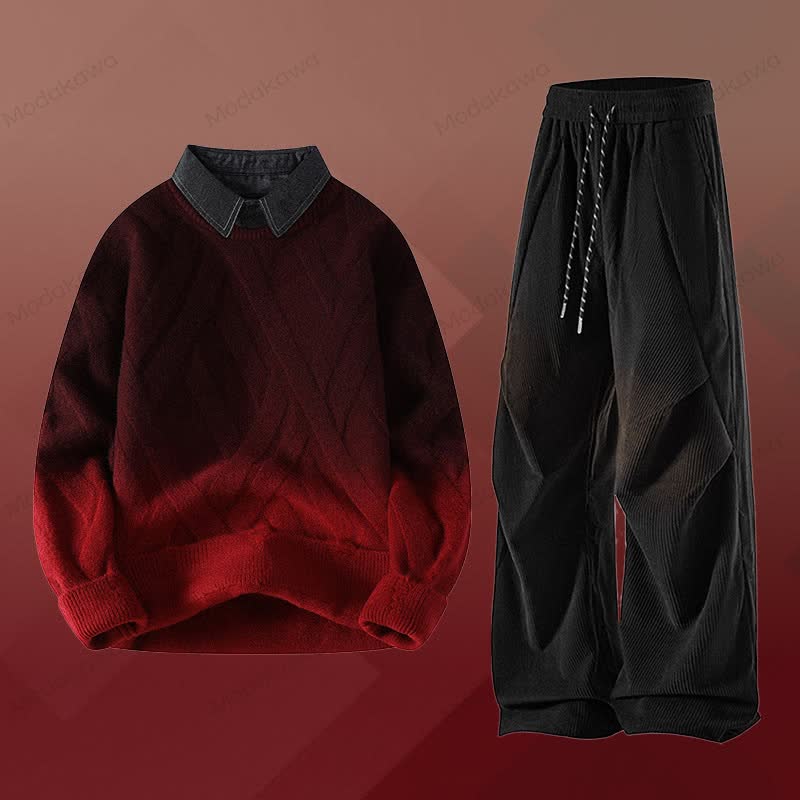 フェイクレイヤードニットセーター コーデュロイパンツ ツーピース - セットJ - 3XL - image 10