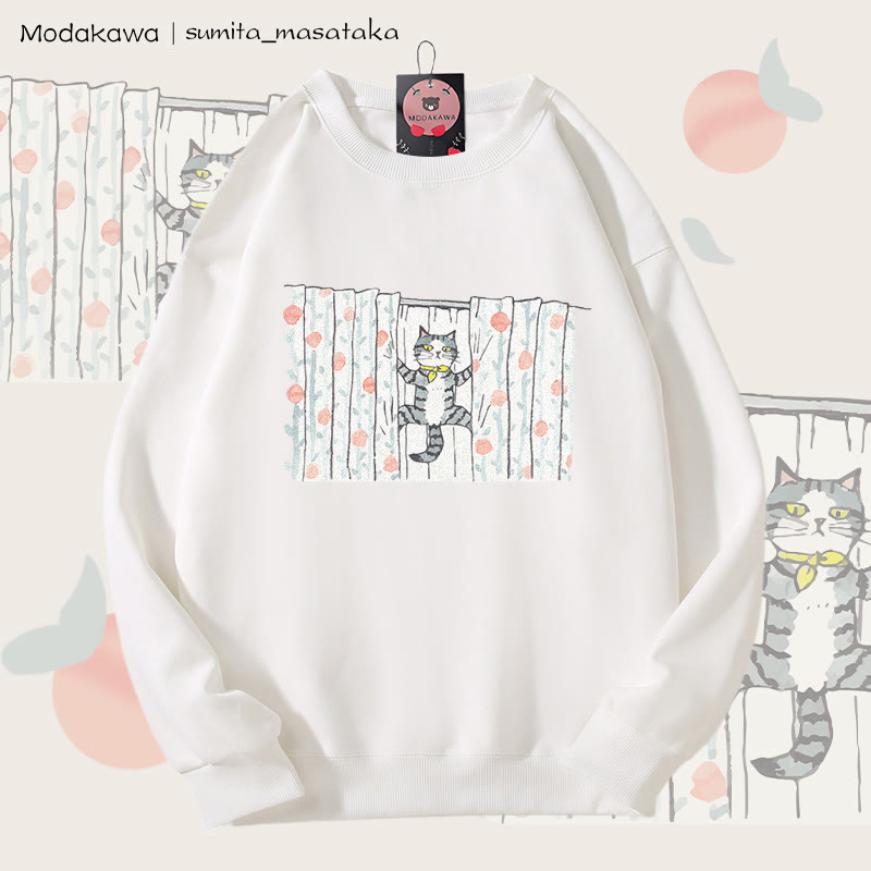 MODAKAWA × sumita_masataka カーテンクライミングキャット グラフィック ユニセックス スウェットシャツ - White - 5XL - image 4