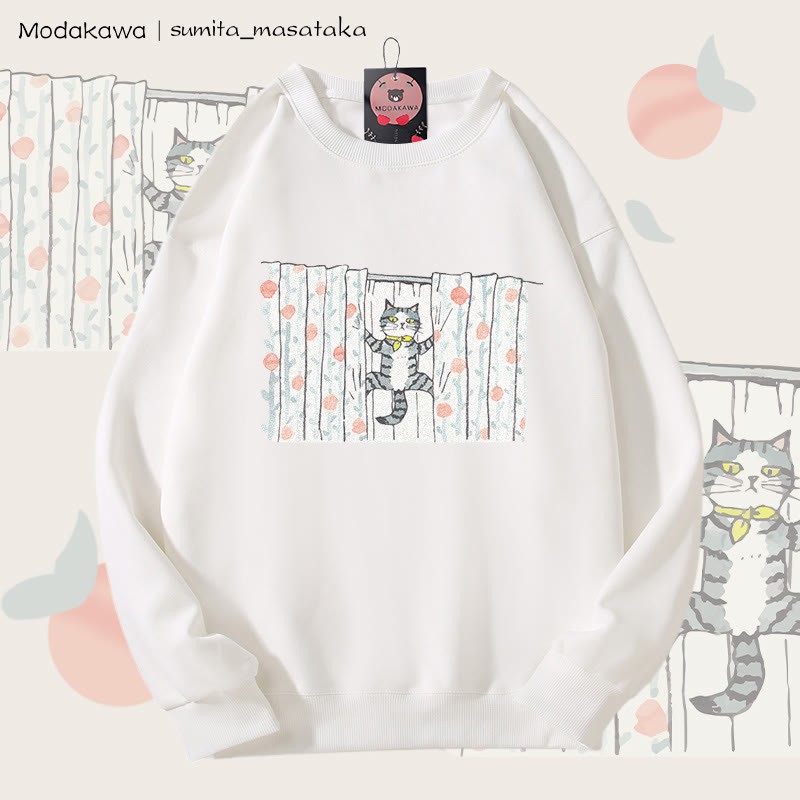 MODAKAWA × sumita_masataka カーテンクライミングキャット グラフィック ユニセックス スウェットシャツ - White - 5XL - image 4