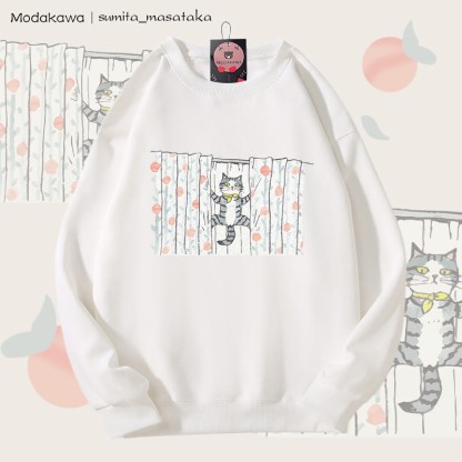 MODAKAWA × sumita_masataka カーテンクライミングキャット グラフィック ユニセックス スウェットシャツ - White - 5XL - image 4