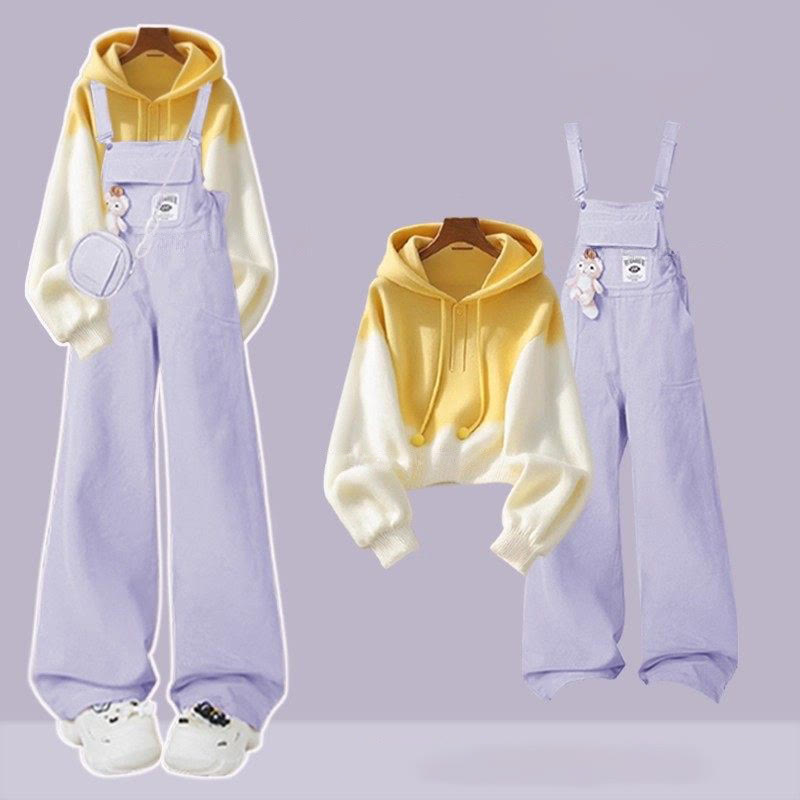 グラデーションカラーのフーディーとデニムオーバーオールのセットアップ - Set B - 3XL - image 2