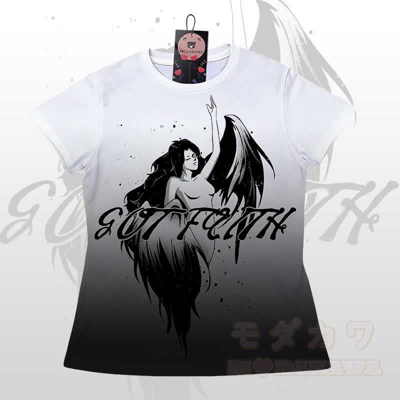 EVIL FAITH エンジェルグラフィックグラデーションTシャツショーツModakawaマッチングアウトフィット - 白いTシャツ - 5XL - image 5