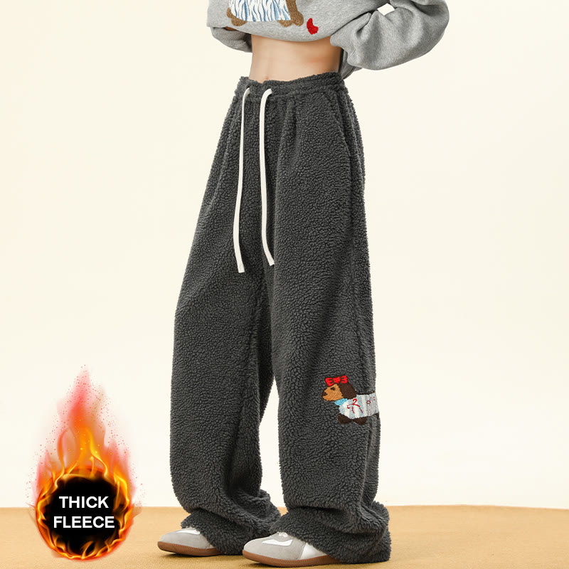 子犬の刺繍入り、着心地の良い厚手シェルパフリースパンツ。冬ラウンジパンツ。 - Dark Grey – Thick Fleece - 3XL - image 4