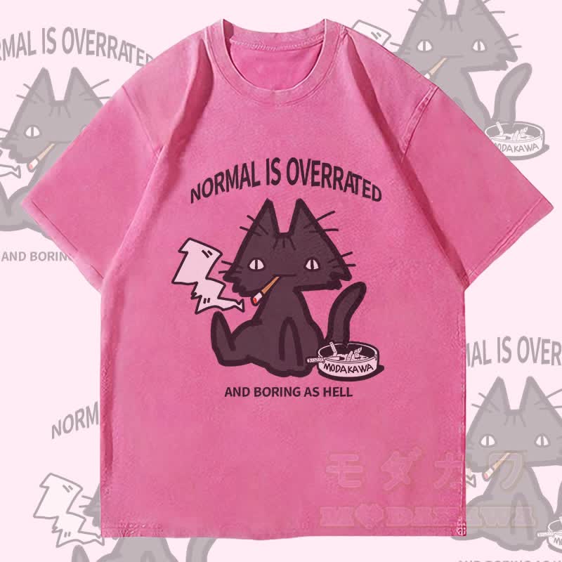 MODAKAWA NORMAL IS OVERRATED スモーキングキャットグラフィック ユニセックス ヴィンテージウォッシュTシャツ - ローズレッド - 4XL - image 3