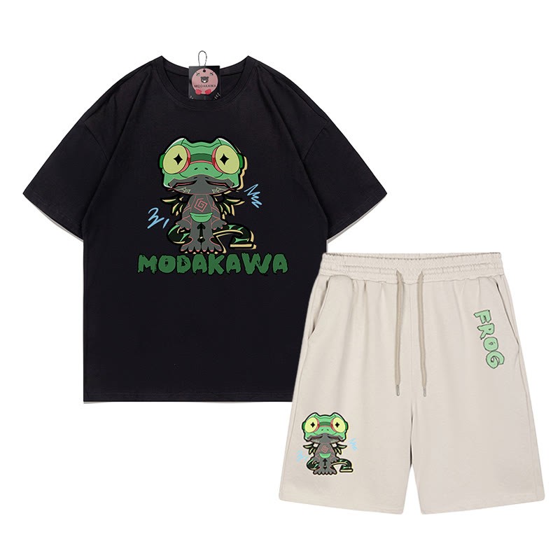 面白いカエルのグラフィックとダークな美的Tシャツとショートパンツの2点セット - ブラック＆アプリコット - あ - 5XL - image 13