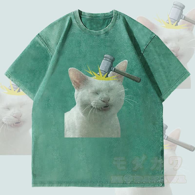 MODAKAWA ボンクドキャットグラフィック ユニセックス ヴィンテージウォッシュTシャツ - 緑 - 4XL - image 3