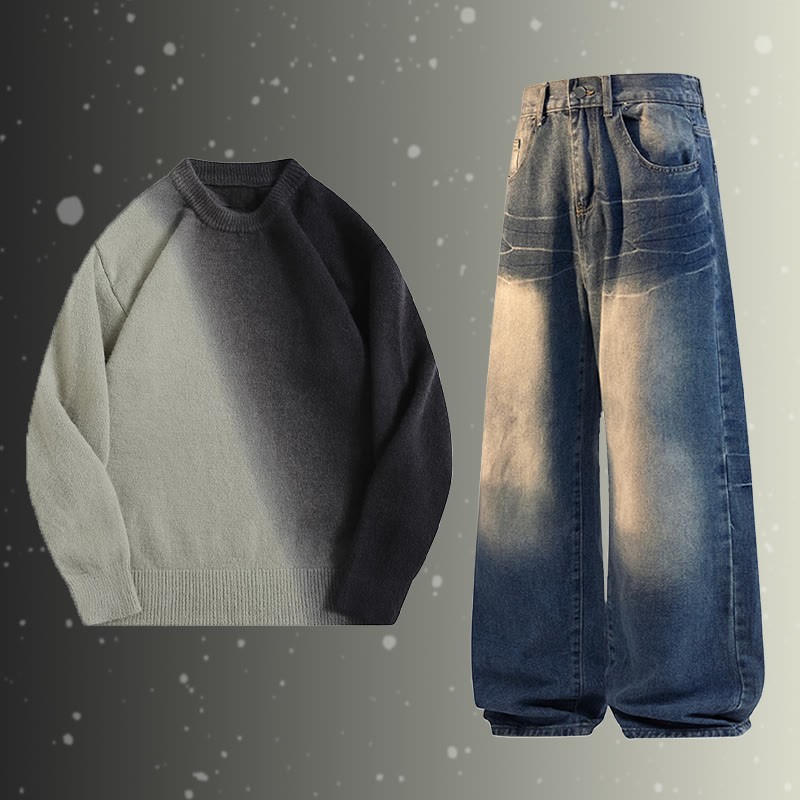 グラデーションニットセーター デニムパンツ ツーピース - Set B - 2XL - image 2