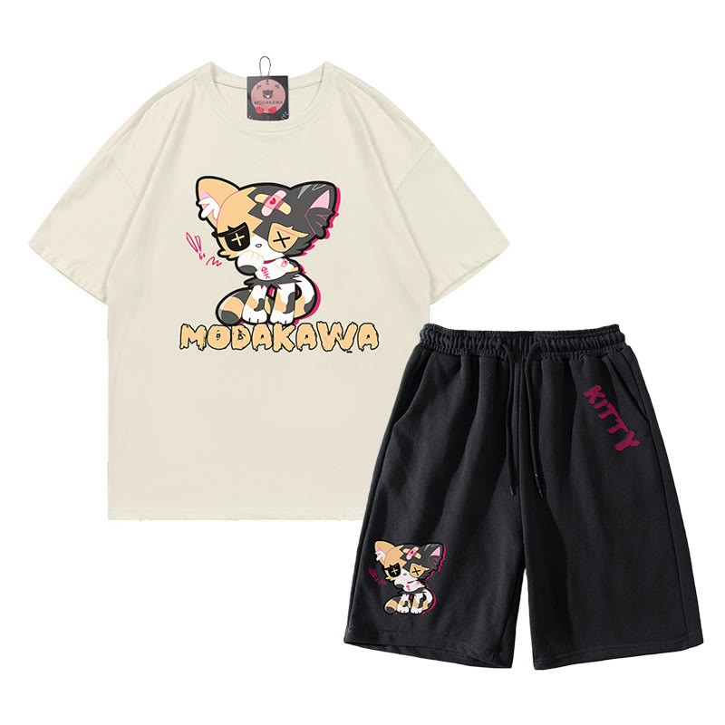 悲しいキティのグラフィックダーク美的Tシャツショーツ2点セット - ベージュ＆ブラック - B - 5XL - image 5