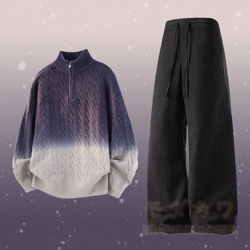 グラデーションニットハーフジップセーターコーデュロイパンツツーピース - セットC - 3XL - image 3