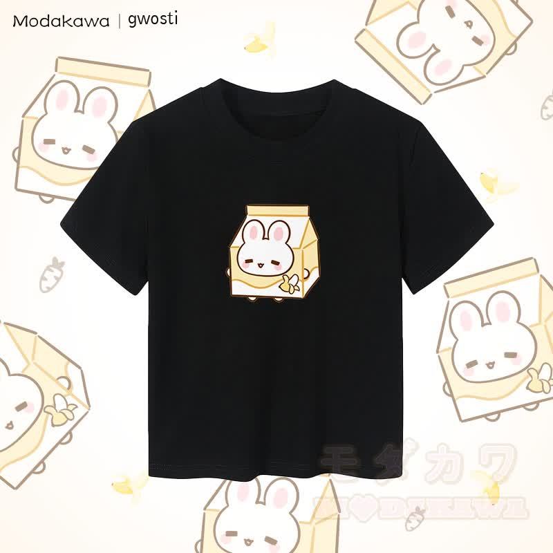 MODAKAWA X gwosti ブナナミルク グラフィック レディース クロップドTシャツ 92% コーマ綿クロップトップ - 黒 - XL - image 5