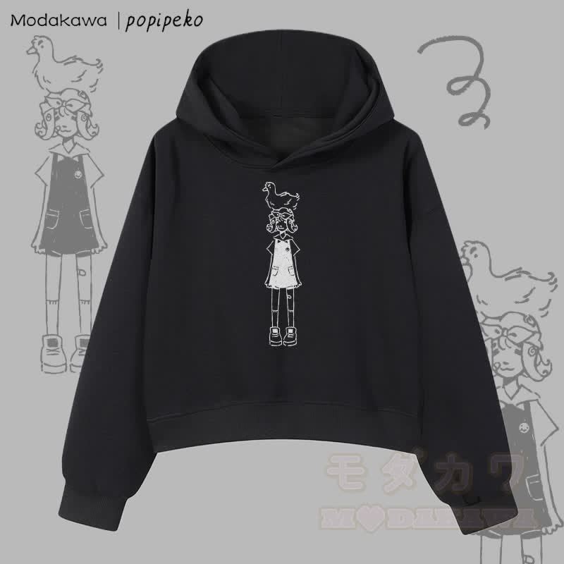 MODAKAWA X popipeko ダックガール グラフィック クロップド綿パーカー - 黒 - 3XL - image 5