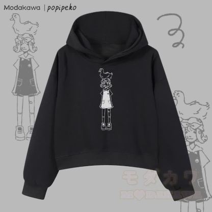 MODAKAWA X popipeko ダックガール グラフィック クロップド綿パーカー - 黒 - 3XL - image 5