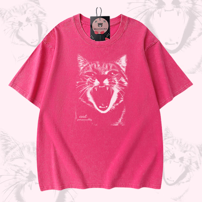 叫ぶ猫グラフィックModakawaユニセックス ヴィンテージウォッシュドTシャツ - Rose Red - 5XL - image 4