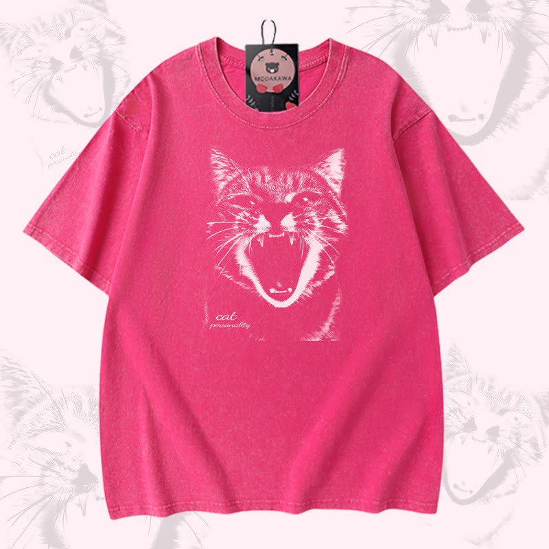 叫ぶ猫グラフィックModakawaユニセックス ヴィンテージウォッシュドTシャツ - Rose Red - 5XL - image 4