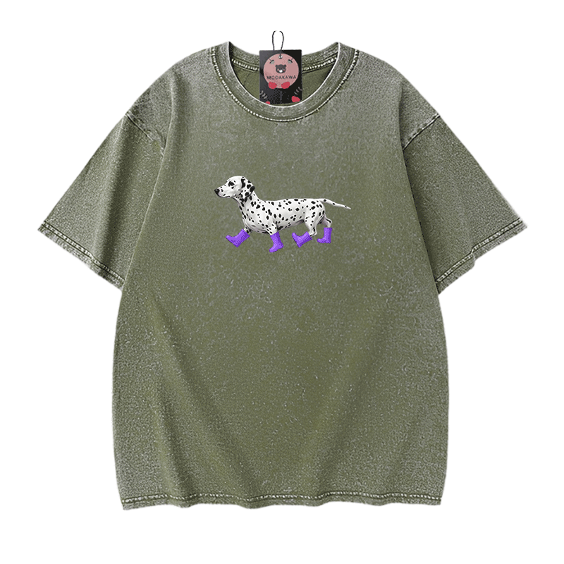 ダルメシアン柄Modakawaユニセックス ヴィンテージウォッシュドTシャツ - Green - 5XL - image 10