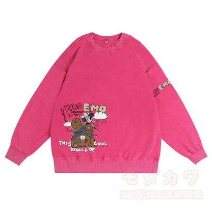 MODAKAWA I WAS EMO 逆さまクマ グラフィック ユニセックス ヴィンテージ ウォッシュド スウェットシャツ - ローズレッド - 3XL - image 3