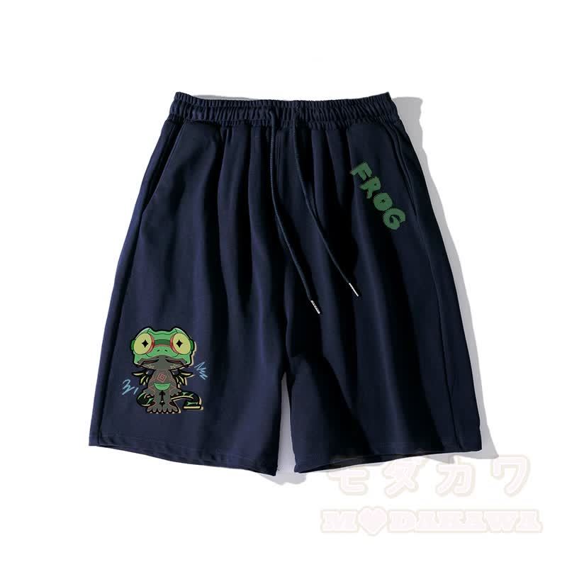 面白いカエルのグラフィックとダークな美的ショートパンツ - 紫がかった青 - 5XL - image 6