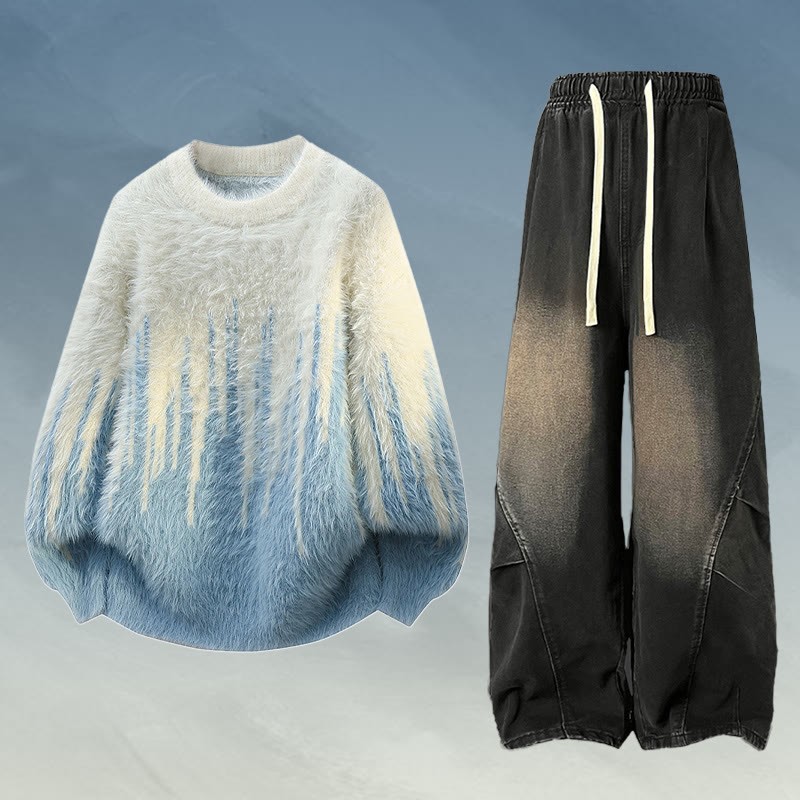 ふわふわニットセーター デニムパンツ ツーピース - Set B - 2XL - image 2