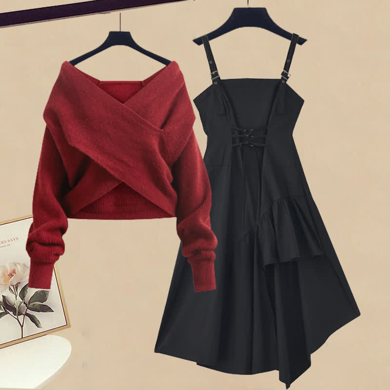 クロスニットセーター イレギュラーレースアップ スリップドレス マッチングアウトフィット - Red Sweater+Black Dress - XL - image 4