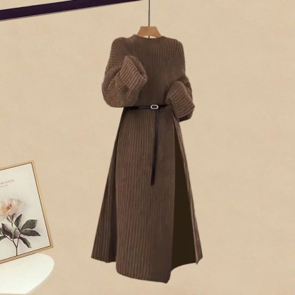 ベルト付きニットセータードレス、テクスチャードセーター、チェック柄スカートのマッチングアウトフィット - Brown Sweater Dress - XL - image 2