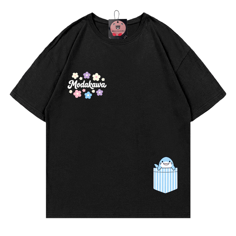 ポケットシャーク フラワー グラフィックModakawa100%綿Tシャツ - Black - 5XL - image 5