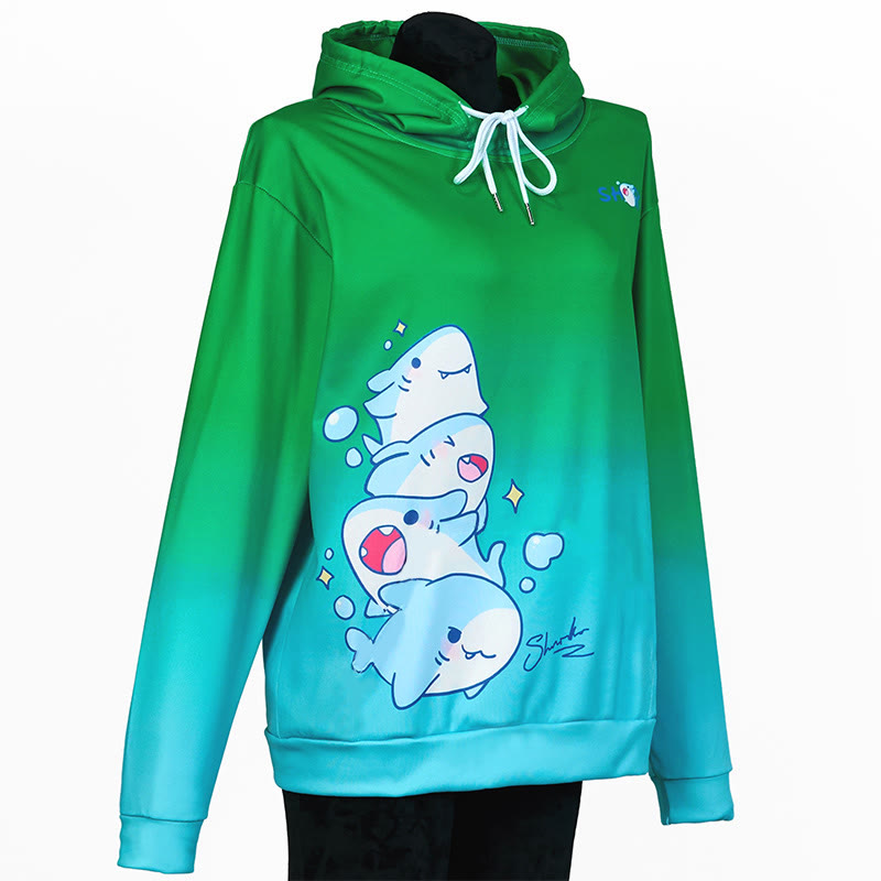 Modakawaシャークレタープリント ルーズパーカー - Green&Blue - 8XL - image 7