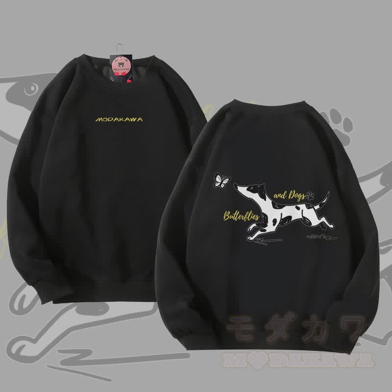 MODAKAWA 斑点のある犬と蝶のグラフィック ユニセックス スウェットシャツ - 黒 - 5XL - image 3