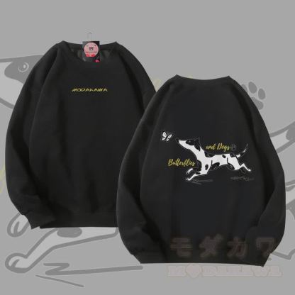 MODAKAWA 斑点のある犬と蝶のグラフィック ユニセックス スウェットシャツ - 黒 - 5XL - image 3