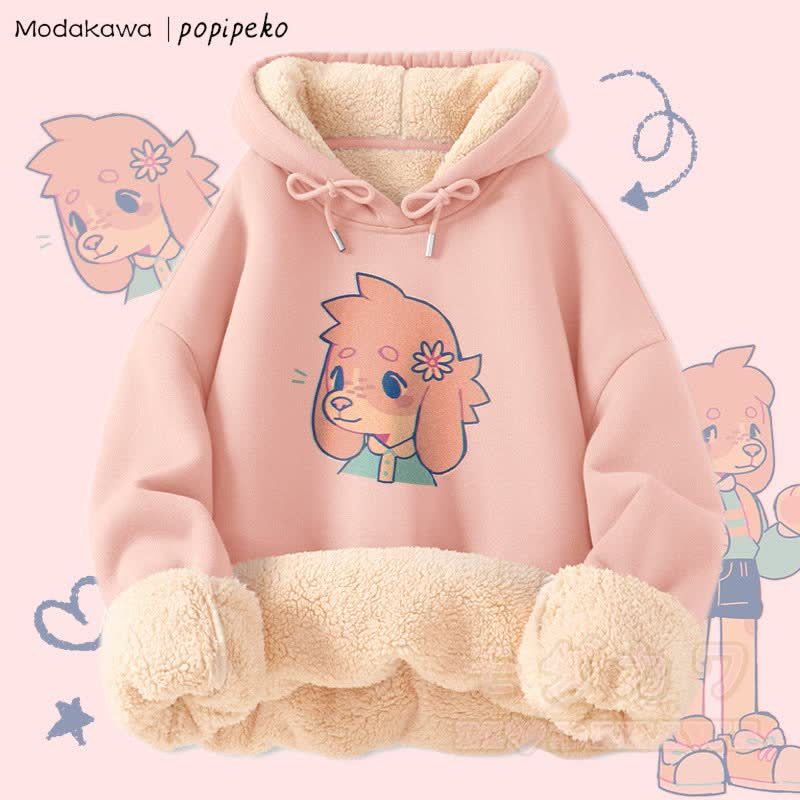 MODAKAWA X popipeko キュートな子犬のグラフィック 厚手裏起毛冬パーカー - ピンク - 2XL - image 6