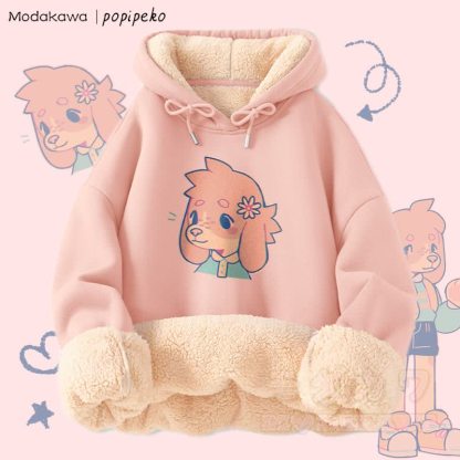 MODAKAWA X popipeko キュートな子犬のグラフィック 厚手裏起毛冬パーカー - ピンク - 2XL - image 6