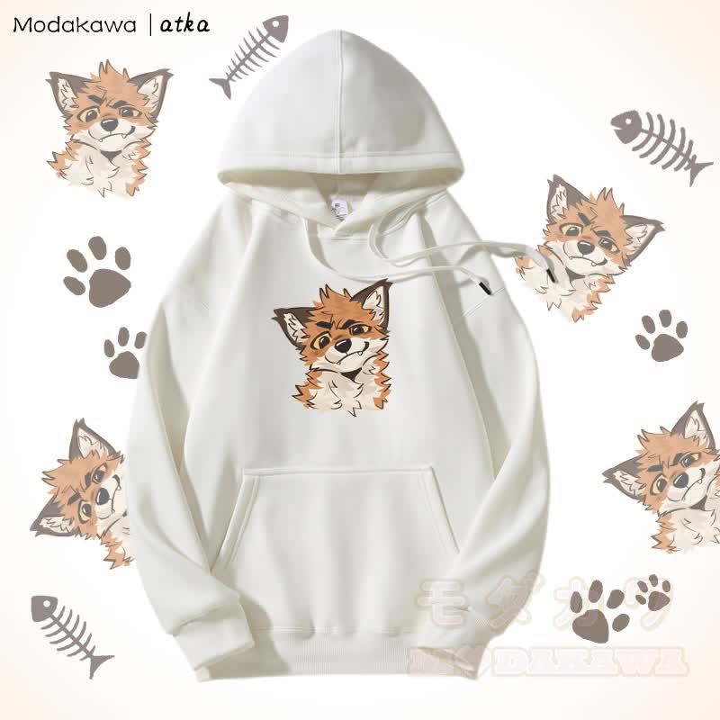 面白いキツネのグラフィックフリース裏地パーカー - 白 - 5XL - image 3