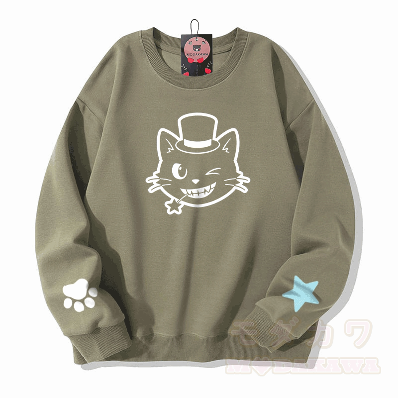 猫の帽子グラフィック入りModakawaスウェットシャツ - ライトカーキ - 5XL - image 5