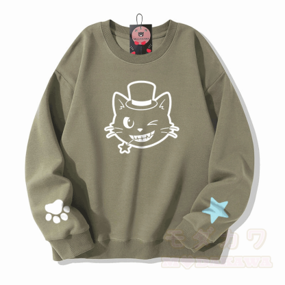 猫の帽子グラフィック入りModakawaスウェットシャツ - ライトカーキ - 5XL - image 5