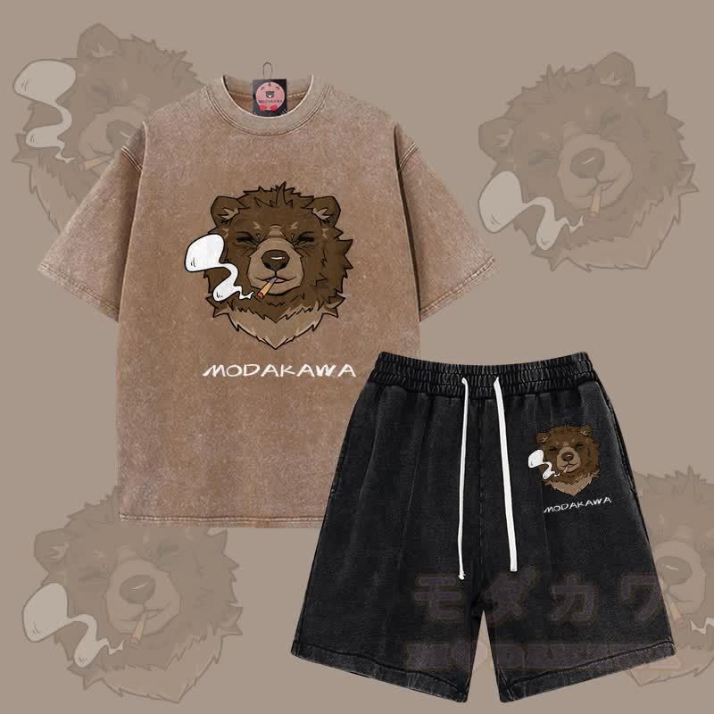 MODAKAWA スモーキングベアグラフィック ヴィンテージウォッシュTシャツ ショーツ 2点セット - ブラウン＆ブラック - 3XL - image 7