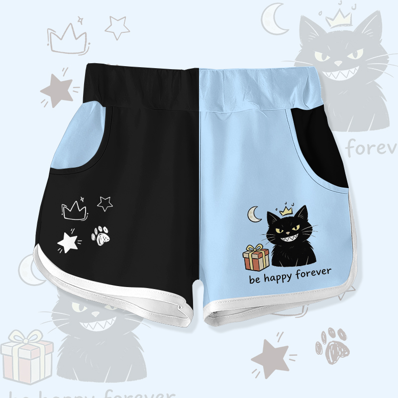 永遠にHAPPYでいよう 黒猫ギフト グラフィックModakawaカラーブロック ショーツ - Black & Blue - 5XL - image 2