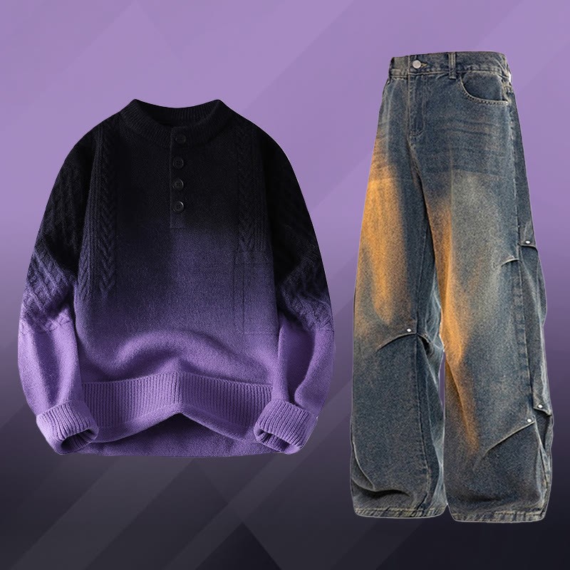 グラデーションケーブルニットセーター デニムパンツ ツーピース - Set B - 3XL - image 2