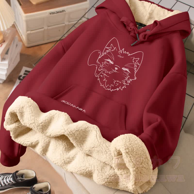 MODAKAWA スモーキングキャットグラフィック 厚手裏起毛冬パーカー - ワインレッド - 2XL - image 3
