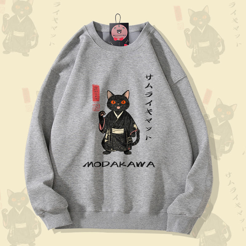 MODAKAWA サムライキャット グラフィック ユニセックス スウェットシャツ - Grey - 5XL - image 3
