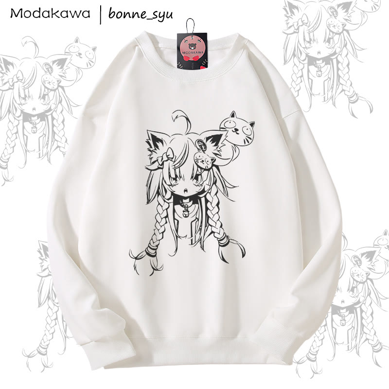 MODAKAWA X bonne_syu キャットガール グラフィック ユニセックス スウェットシャツ - White - 5XL - image 2